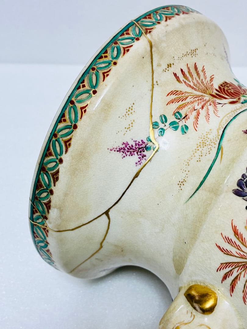 最終値下げ 明治 薩摩焼 京薩摩 9代帯山与兵衛 上絵金彩色絵草花文象耳付花瓶