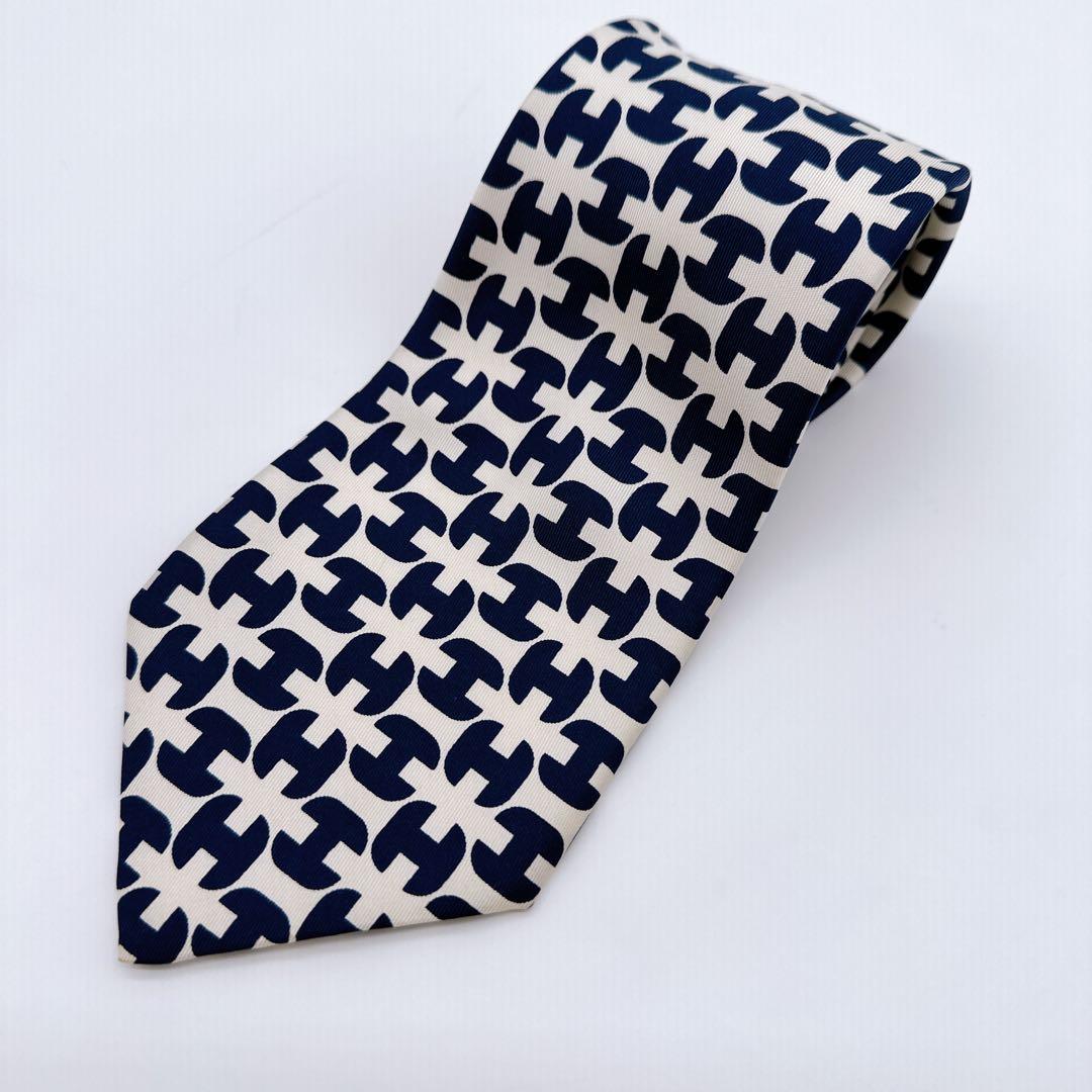 人気　HERMES エルメス　ネクタイ H柄（ファソネH）ネイビー/アイボリー