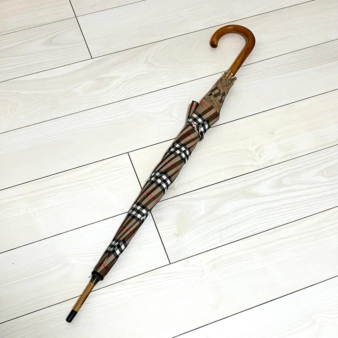 【極美品】バーバリー　長傘　ノバチェック　ロゴプレート　木製　ヴィンテージ