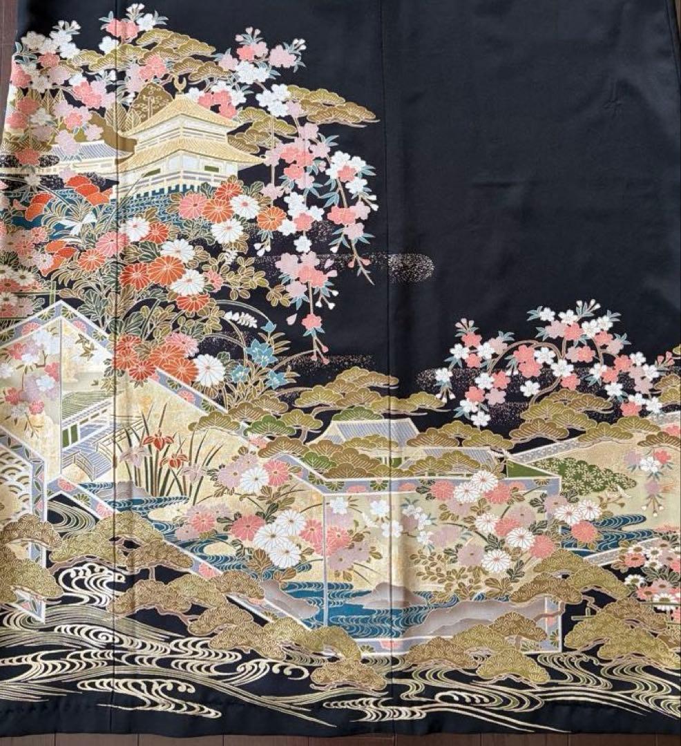 着物リメイク　黒留袖　ロングワンピース　桜　ゴールド