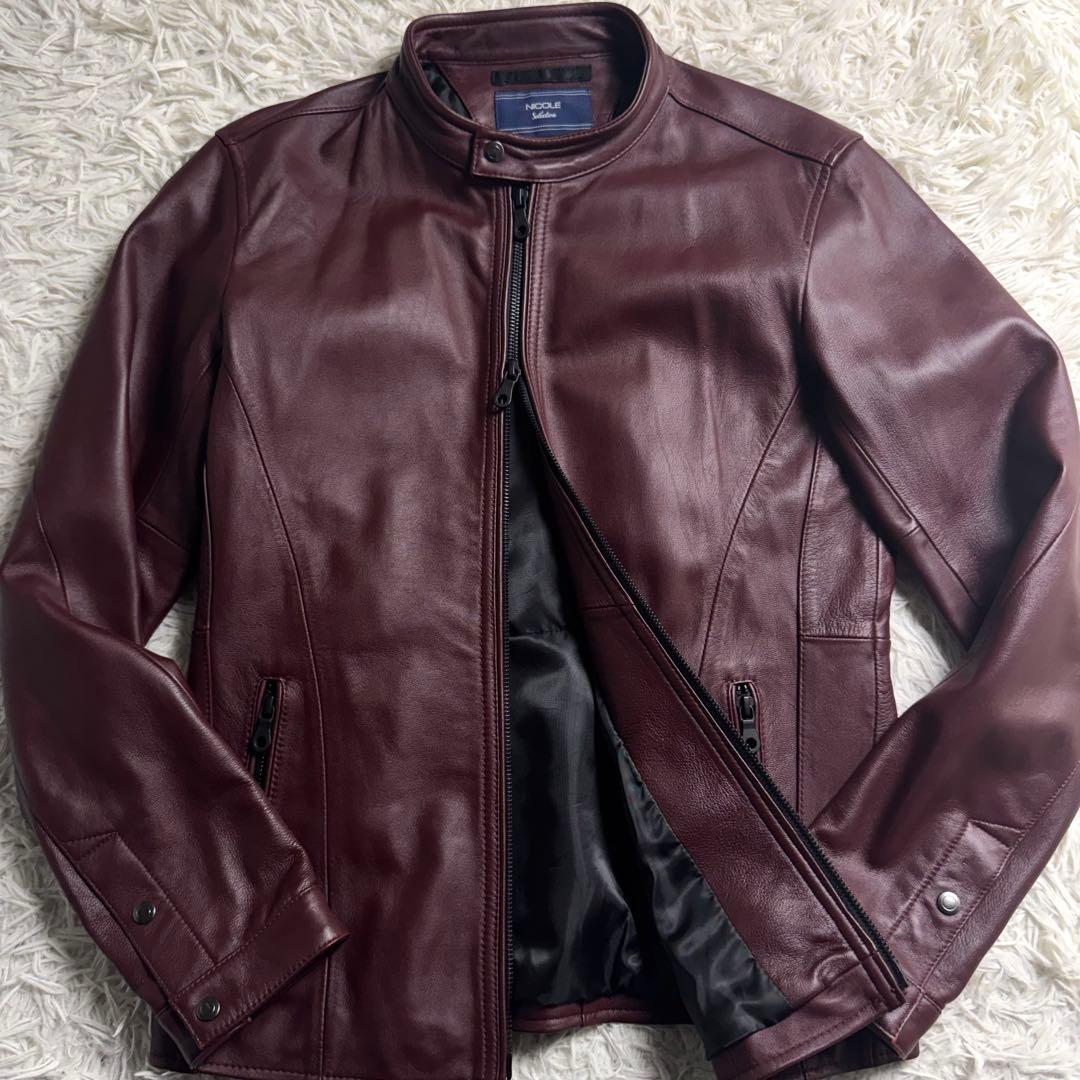 【美品】NICOLE 羊革 ラムレザー シングルライダース ボルドー 46