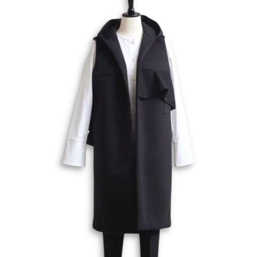 【美品】yori ヨリ ベスト ジレ ロングコート 黒 アシンメトリー フリル