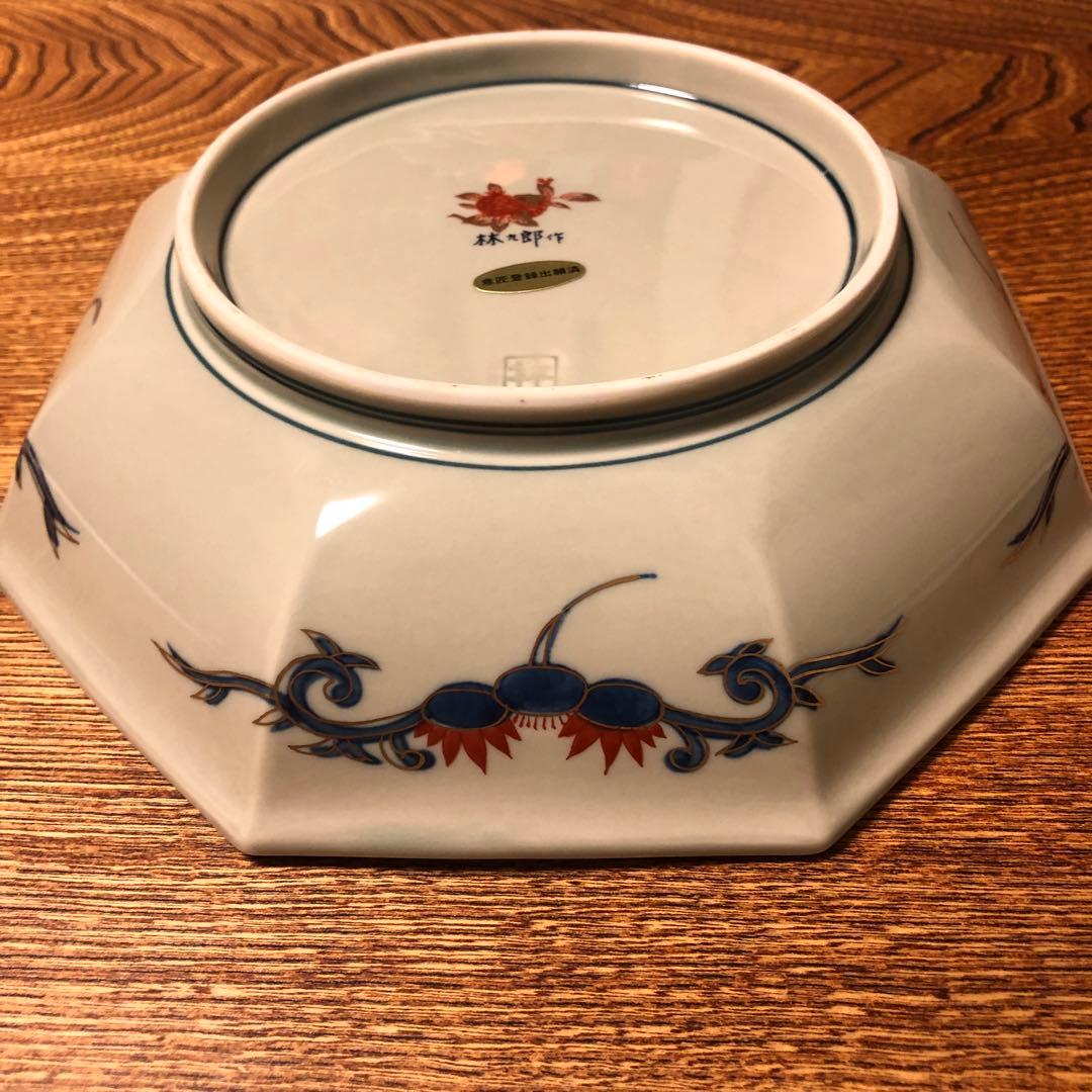 美品 林九郎窯 有田焼 染錦 獅子牡丹 八角面取鉢 盛鉢 金襴手 古伊万里様式