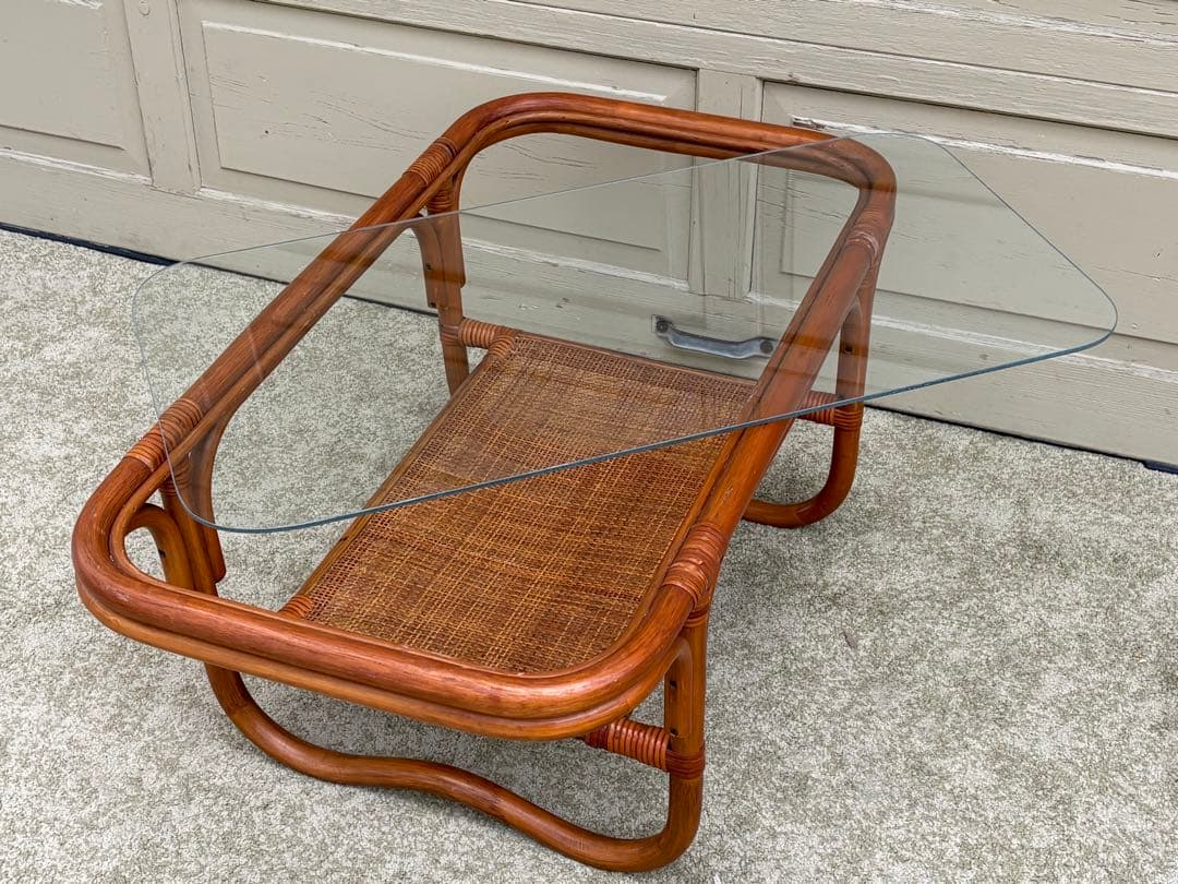 希少 昭和レトロ ラタン ガラステーブル 籐家具 センターテーブル ヴィンテージ