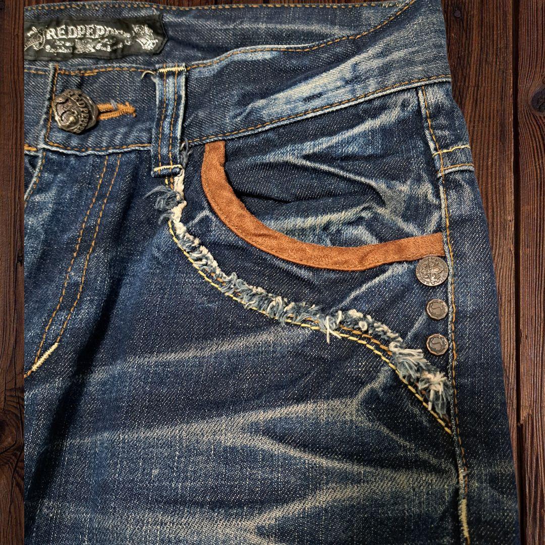 レッドペッパー　デニムジーンズ　刺繍　翼　鬼ひげ　ハチノス　ゴールドパッチY2K