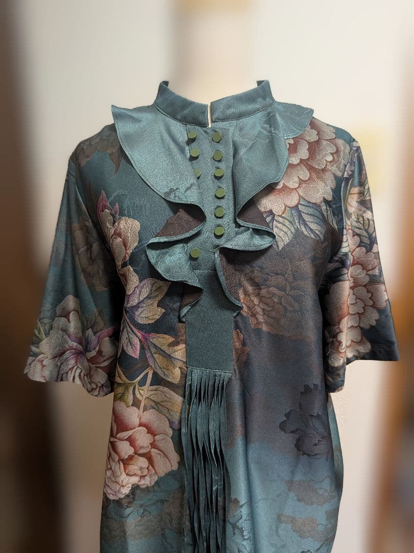 【タグ付き新品】 花柄ロングワンピース 青緑色 チャイナドレス風味