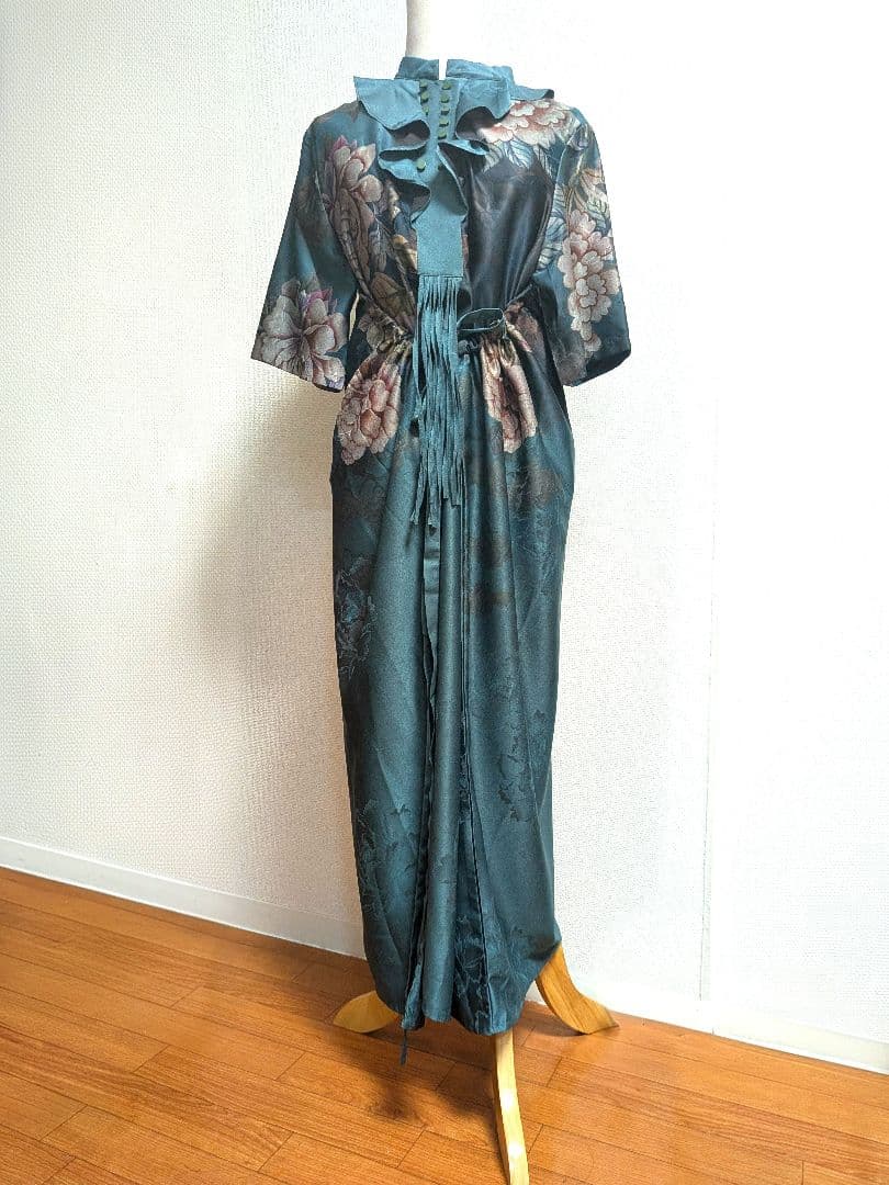 【タグ付き新品】 花柄ロングワンピース 青緑色 チャイナドレス風味