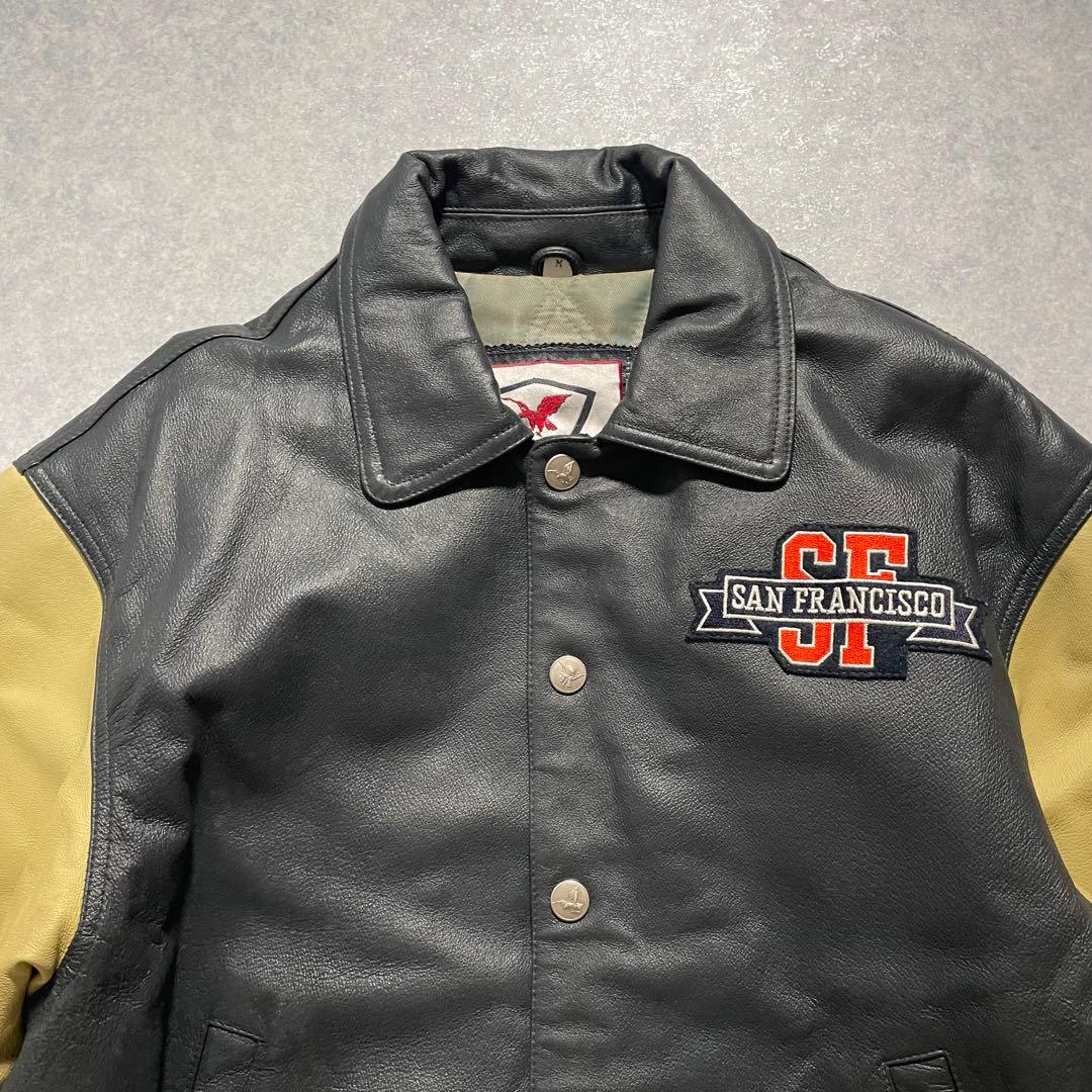 90s オールレザー スタジャン 本革 襟付き バックロゴ 古着 アメカジ Ｍ