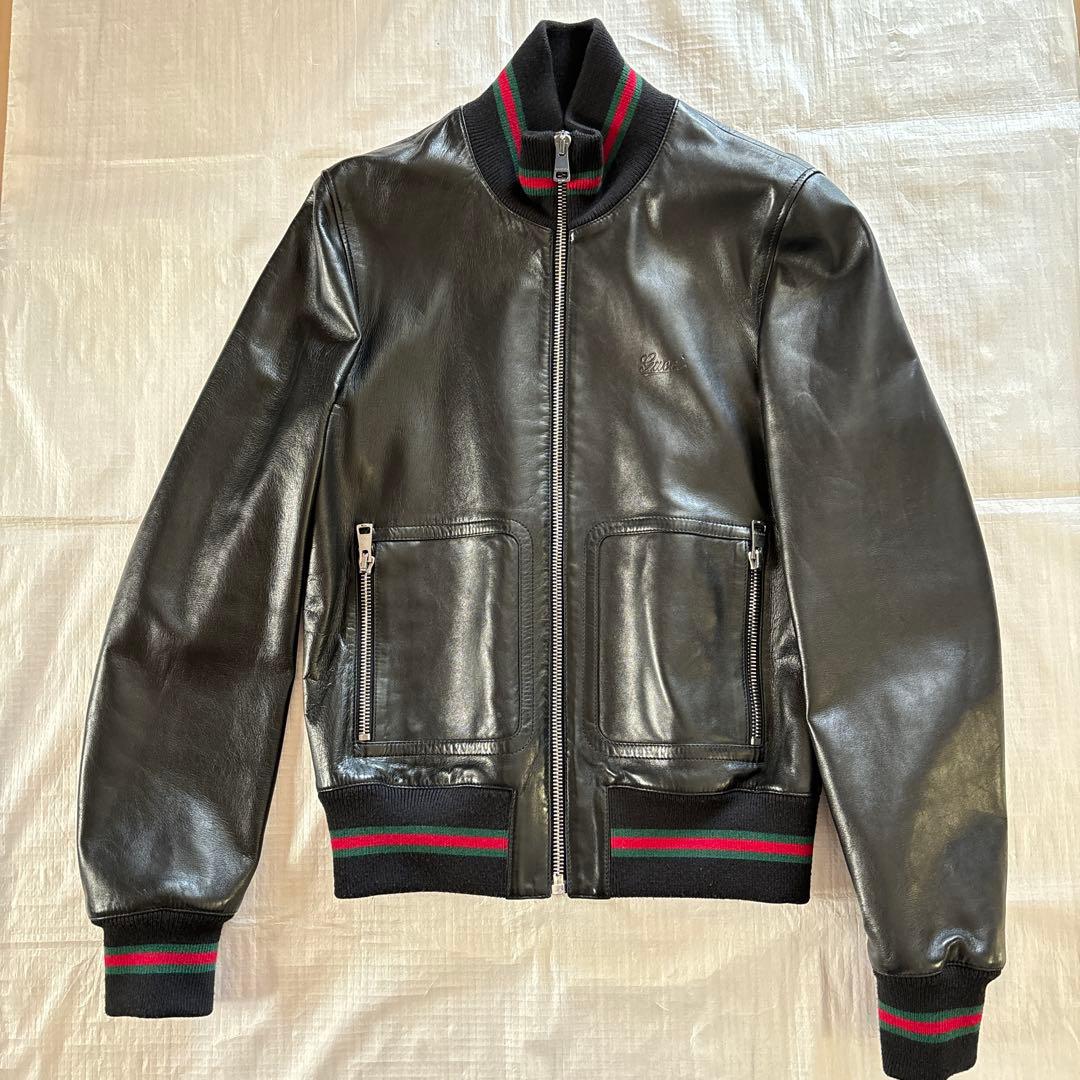 GUCCIメンズレザーブルゾンライダース　ブラック　Sサイズ