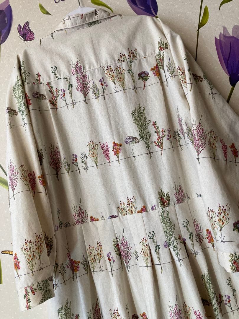 ウエスト切替ワンピ::ボタニカル::cotton リネン　【Hand made】