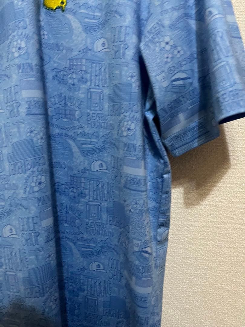 新品タグ付 マスターズ公式 ポロシャツ S 水色 総柄 ストレッチ ゴルフ 希少