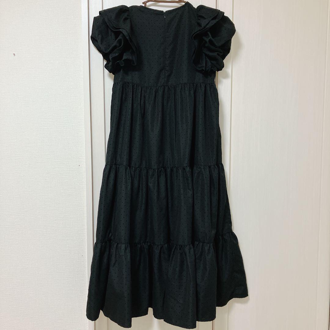 Fit more フロッキードットティアードワンピース　ロング　ブラック