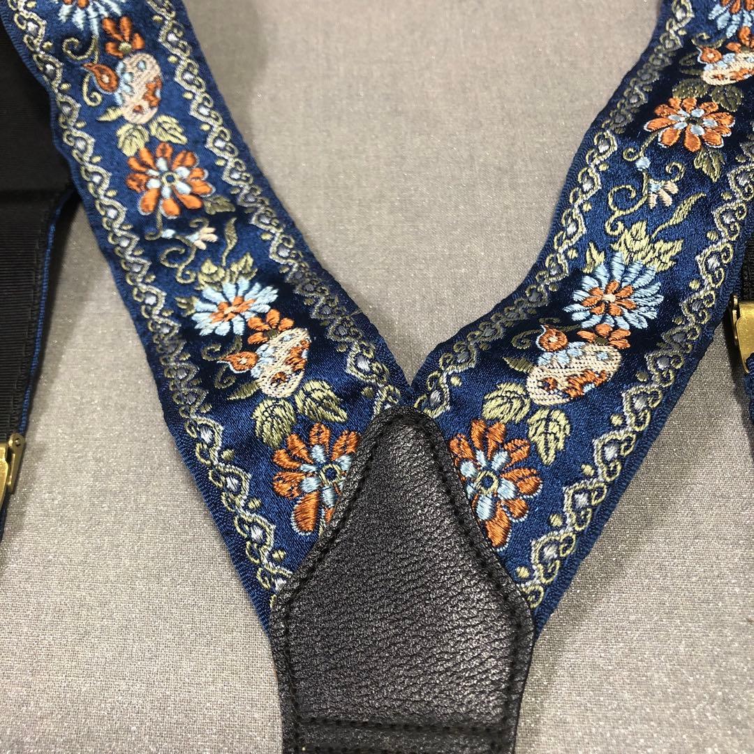 【デッドストック未使用】英国製シルク花柄刺繍 サスペンダー レザー製