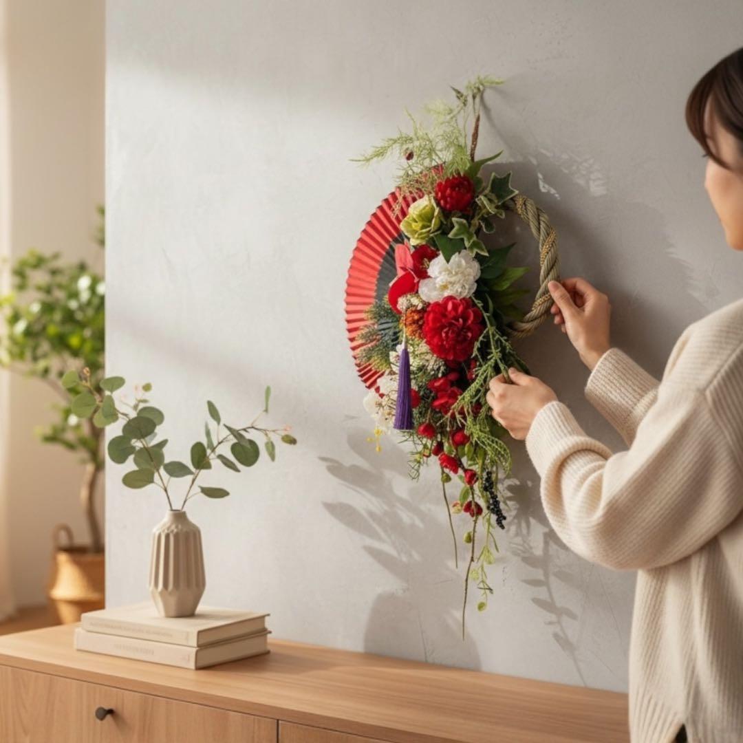 彩り扇のしめ縄リース・縦長シリーズ しめ飾り 正月飾り アートフラワー 造花