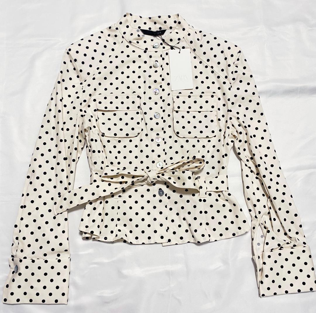 新品‼ ZARA ドット柄シャツジャケット 水玉 白色 黒色 L