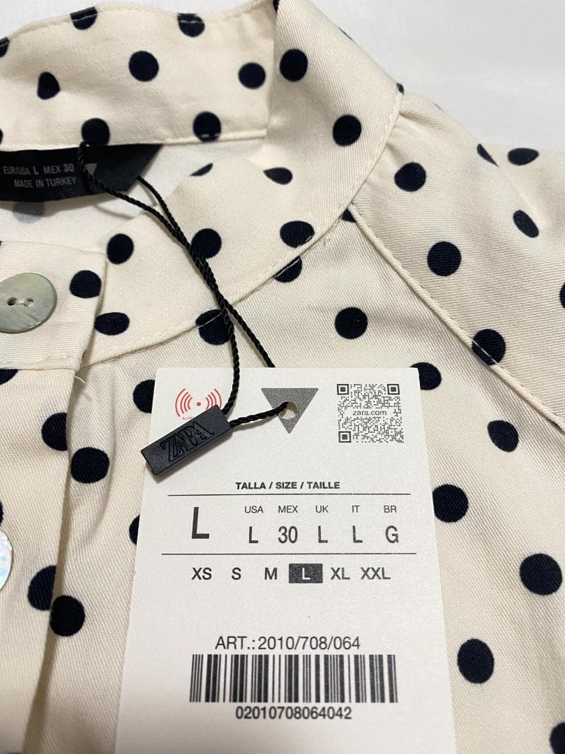 新品‼ ZARA ドット柄シャツジャケット 水玉 白色 黒色 L