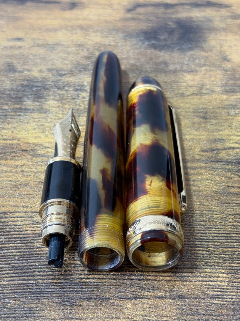 筆記確認&洗浄済　べっ甲柄　セルロイド　18K ゴールド　プラチナ　万年筆　M
