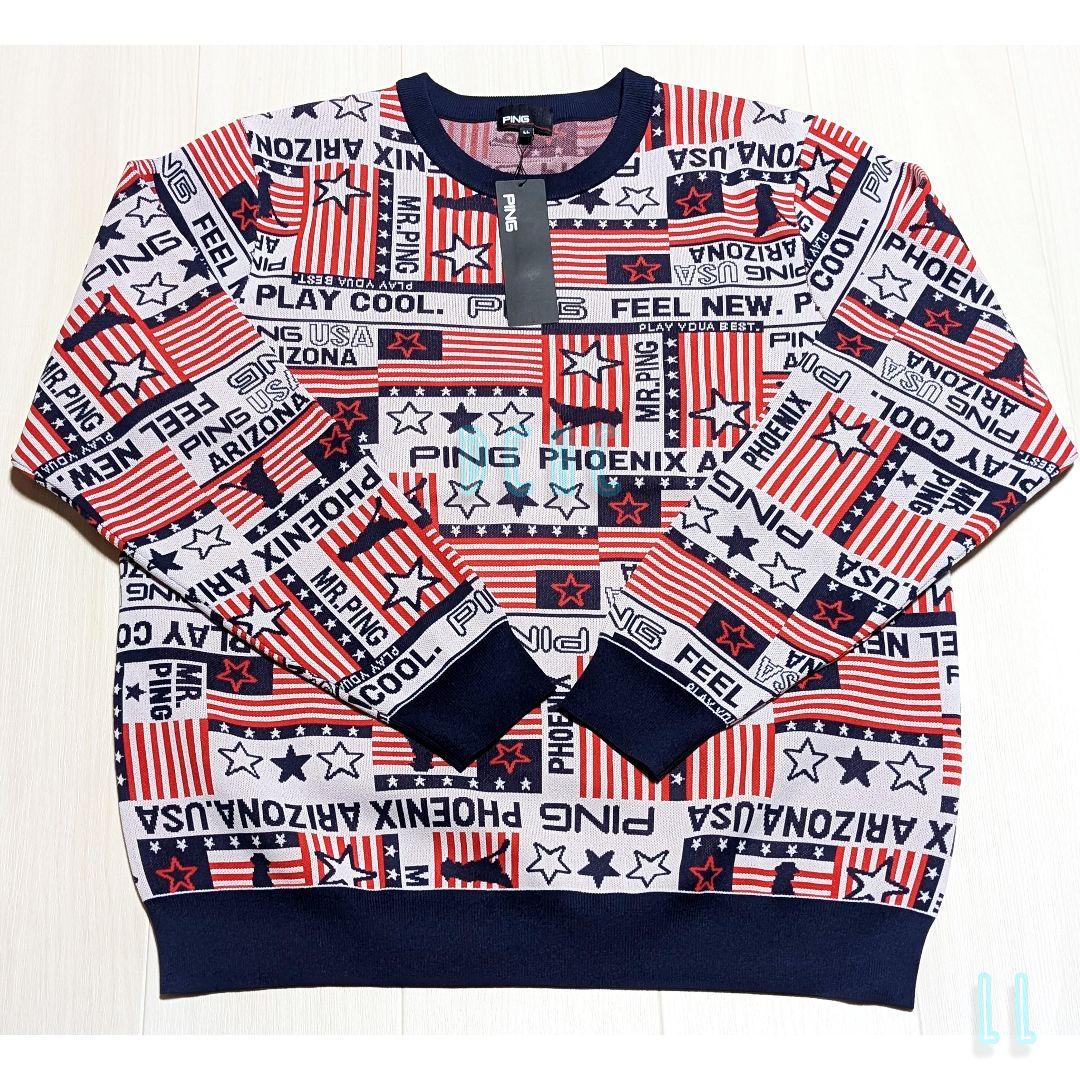 新品 【ＬＬ】【レッド】ピン 長袖 クールネックニットゴルフウェア
