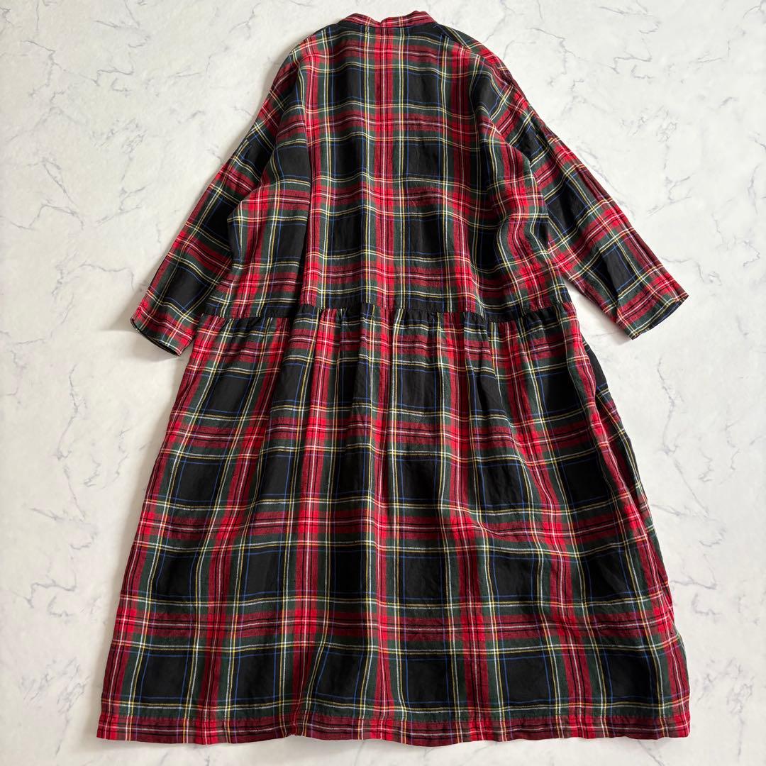 ICHI Antiquites ワンピース リネン100% タータンチェック 赤